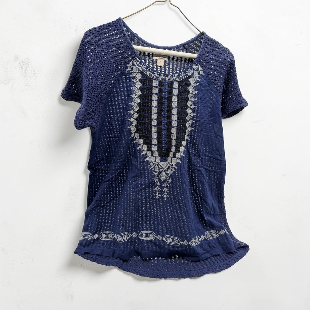 Lucky Brand Navy Blue Embroidered Boho Crochet Mixed Media Peasant Top Medium